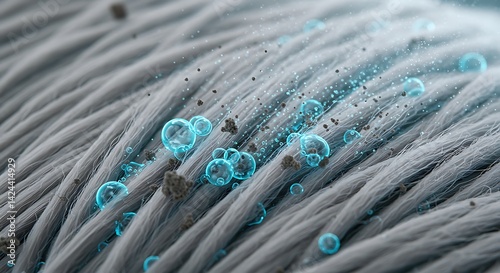 Microscopic Cleaning Action: Detergent Molecules Lifting Dirt from Gray Fabric Fibers - Ultra Detailed, Science Visualization, Cleanliness Concept, Macro