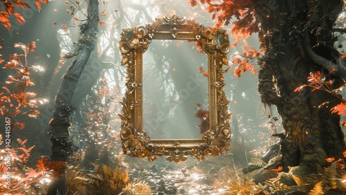 An enchanted forest scene with a floating ornate frame amid vibrant autumn foliage, creating a magical and fantastical atmosphere.