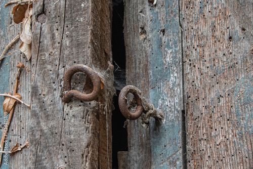 old rings with cobwebs on an old wooden door