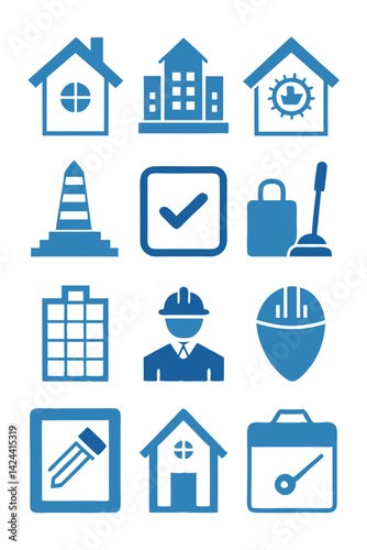 Blue Construction and Real Estate Icon Set Collection