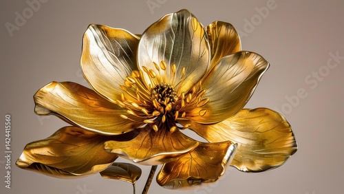 A stunning golden metallic flower sculpture showcasing intricate details and artistic craftsmanship, perfect for luxury home decor.