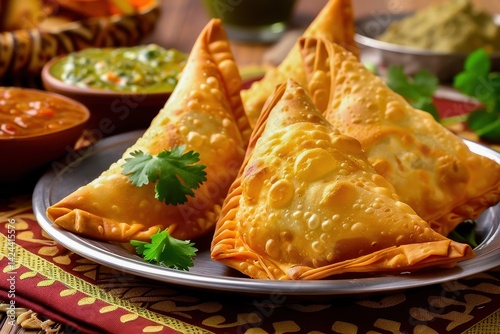 Golden, crispy samosas served on a plate with a rich dipping sauce, garnished with fresh coriander for an authentic Indian culinary experience.