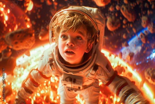 A young astronaut floating in space, surrounded by a field of glowing asteroids and cosmic wonders. Perfect for themes of exploration and adventure.