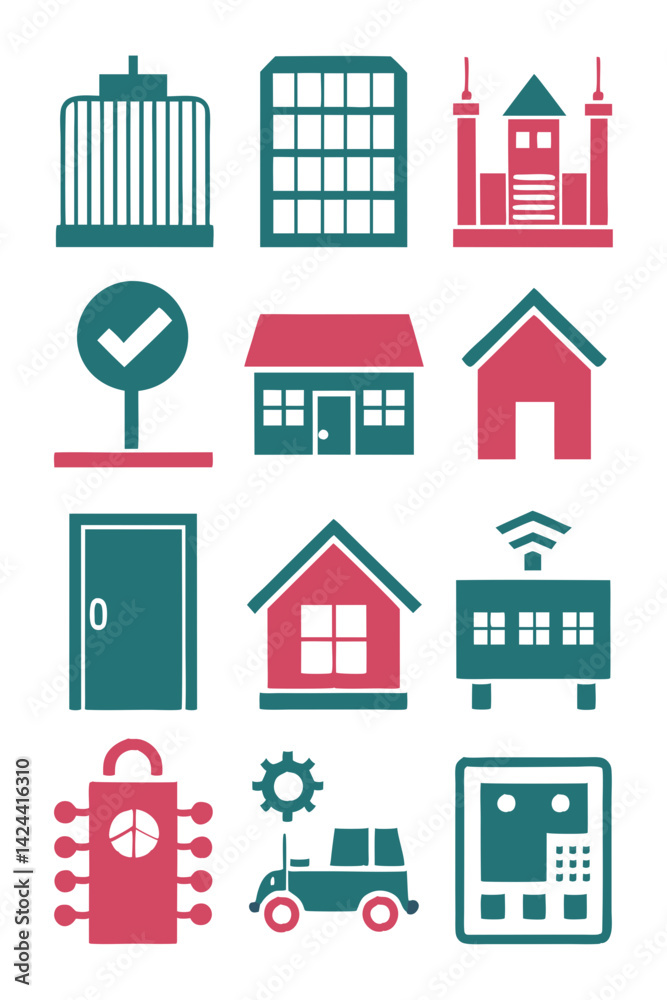 Diverse teal and red home and technology icon set Diverse teal and red home and technology icon set