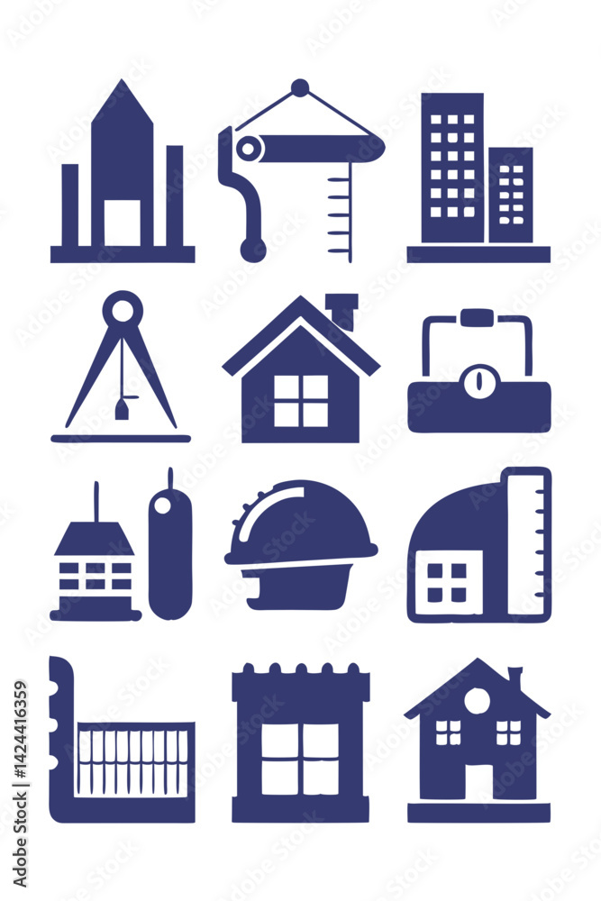 Obraz premium Blue Construction And Real Estate Icon Set Collage