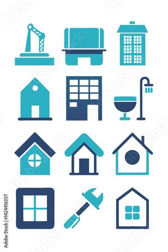 Home repair and construction icons, blue vector illustration