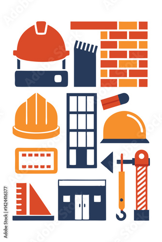 Construction and building elements illustration on white background