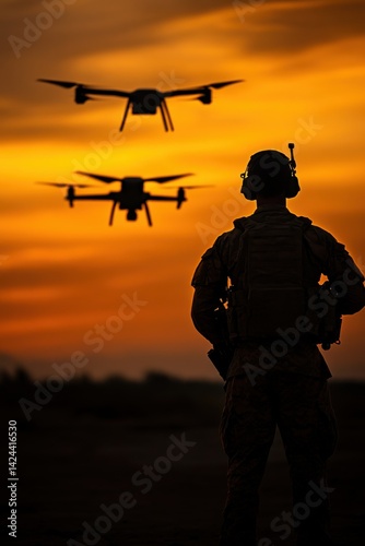 Silhouette of a soldier watching drones at sunset