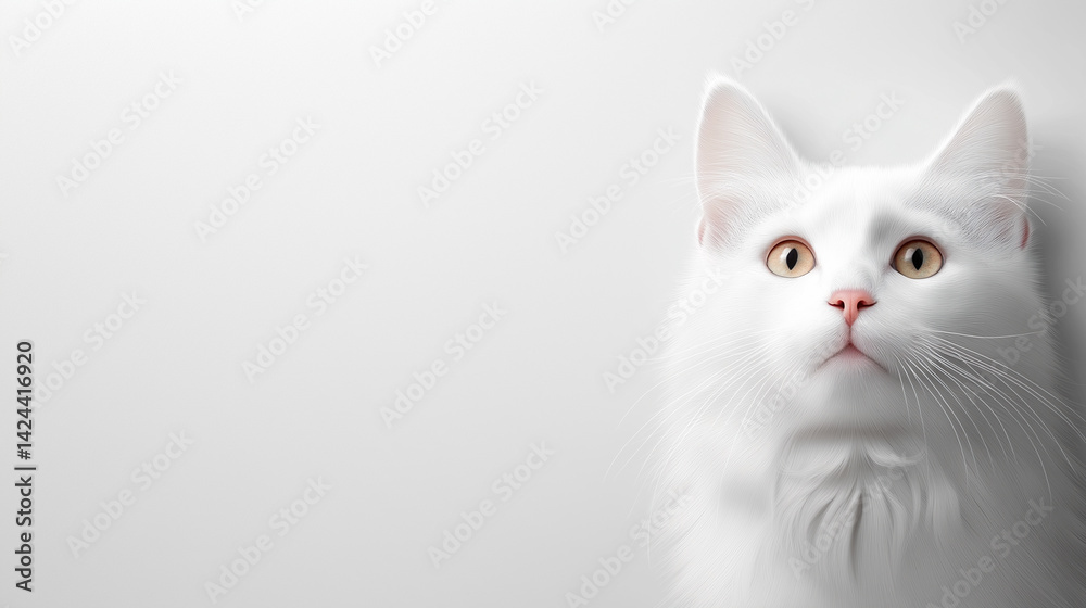 Fototapeta premium White feline with expressive eyes gazing upwards, showcasing curiosity and wonder in a minimalist setting, embodying the beauty of companionship and the joy of pet ownership concept