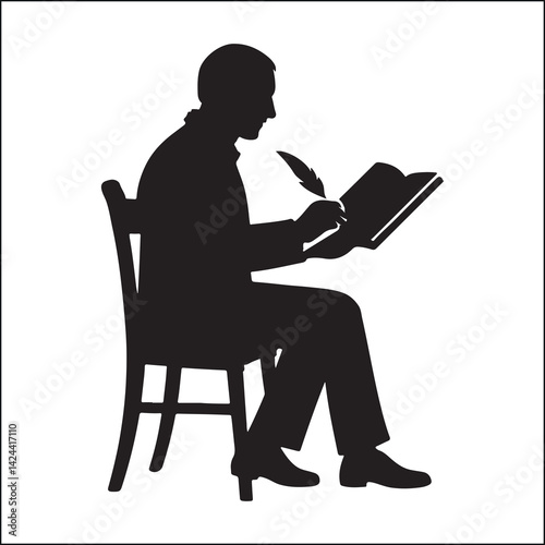man writing book with feather pen silhouette