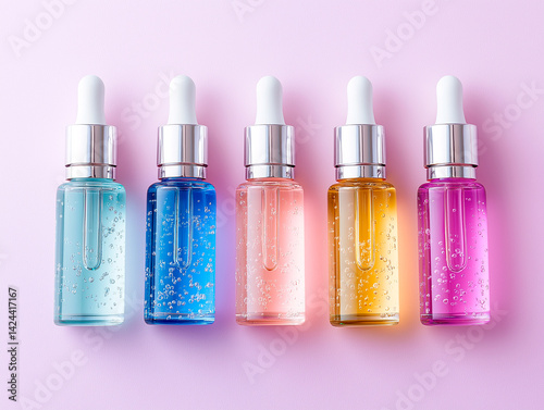 Colorful skincare serums in glass bottles arranged on a pastel background showcasing beauty and wellness concept photo