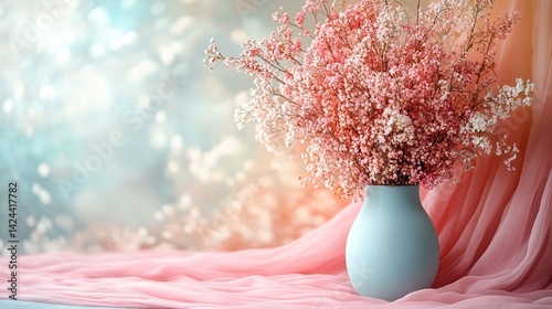 Delicate Pink Baby's Breath in a Blue Vase with Soft, Dreamy Bac