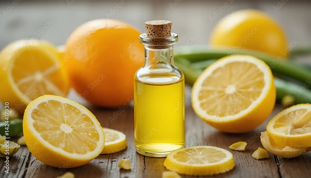 Lemon and Orange Essential Oil on Wooden Surface Lemon and Orange Essential Oil on Wooden Surface