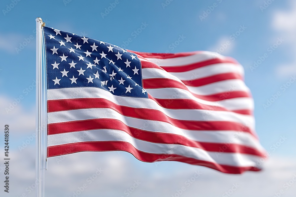 Fototapeta premium American flag waving gently in the breeze against a clear blue sky