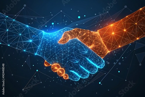 Abstract Handshake Glowing Network, Connection Points, Futuristic, Orange and Blue Tones
