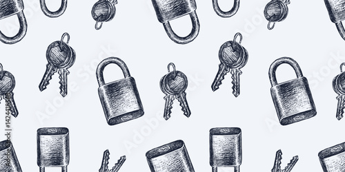 Seamless pattern of sketches old padlocks and keys, vector hand drawn background, paper, wallpaper
