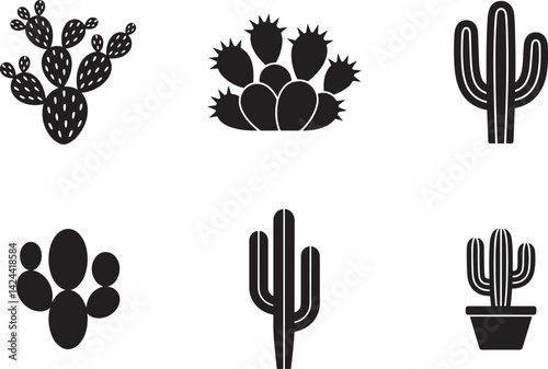 Set Of Silhouette Vector Cacti And Succulents Isolated On White Background