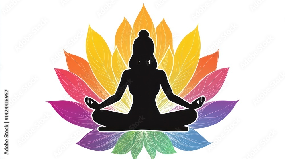 Woman meditating lotus pose colorful background wellness Woman meditating lotus pose colorful background wellness