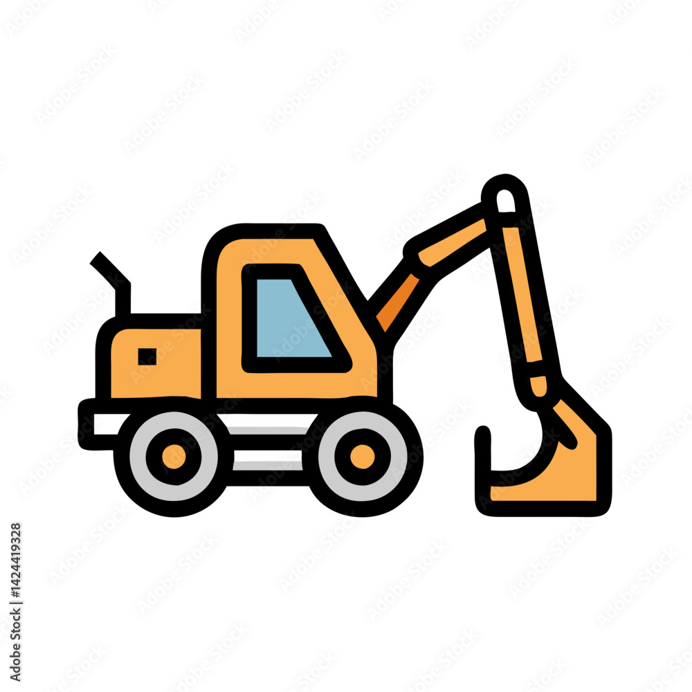 Naklejka premium Orange Mini Excavator Cartoon Icon on Black Background
