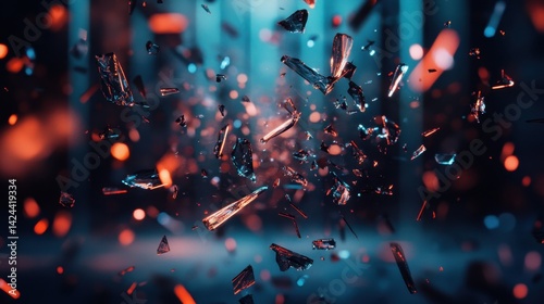 Shattered glass pieces exploding in slow motion with dramatic lighting