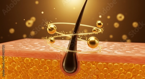 Revitalized Hair Follicle Receives Nourishing Golden Spheres in 3D Rendering, Illustrating Advanced Haircare, Promising Strength & Luster, Set Against a Shimmering Gold Backdorp For Marketing and