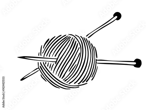 Ball of yarn with two knitting needles. Black and white hand-drawn vector illustration. Knitting and handmade craft concept for design and print