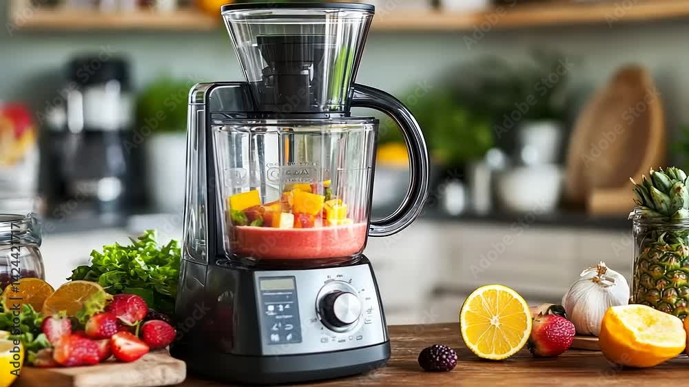 Fresh and Vibrant Fruit Smoothie Preparation with Modern Kitchen Appliance Fresh and Vibrant Fruit Smoothie Preparation with Modern Kitchen Appliance