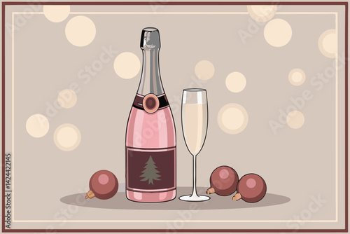 Champagne Bottle with Glass and Christmas Ornaments Festive Holiday Celebration Scene