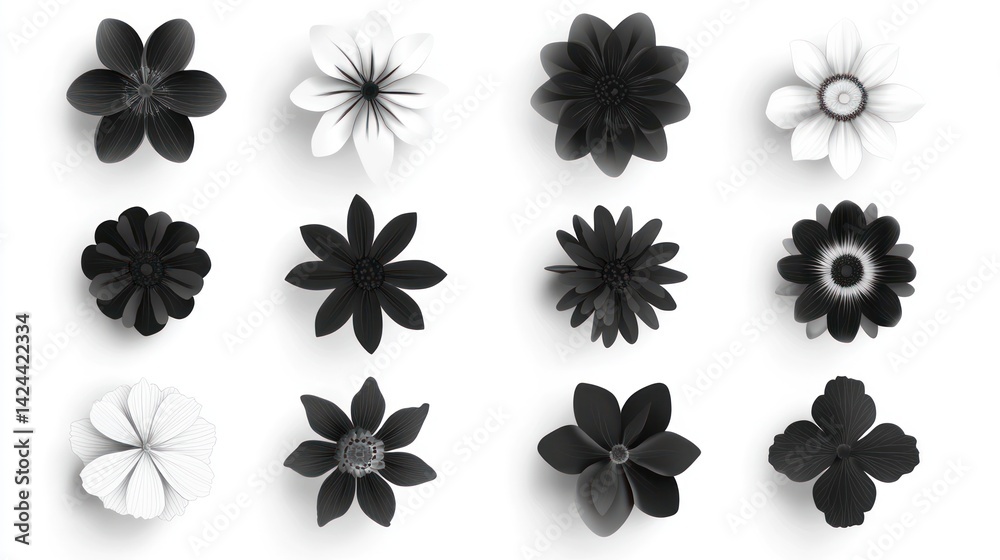 Monochrome paper flowers collection, design elements, white background, craft Monochrome paper flowers collection, design elements, white background, craft