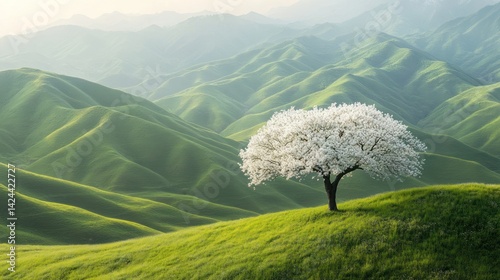 Blossoming tree on a grassy hilltop, mountains in the background. Landscape scenery. Potential use Stock photo