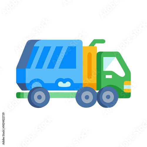 Cartoon Style Green and Blue Garbage Truck Icon