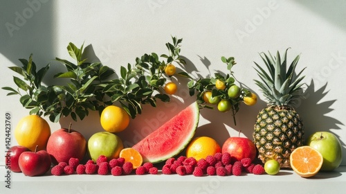 Fototapeta Naklejka Na Ścianę i Meble -  Colorful fruits arranged on a white surface