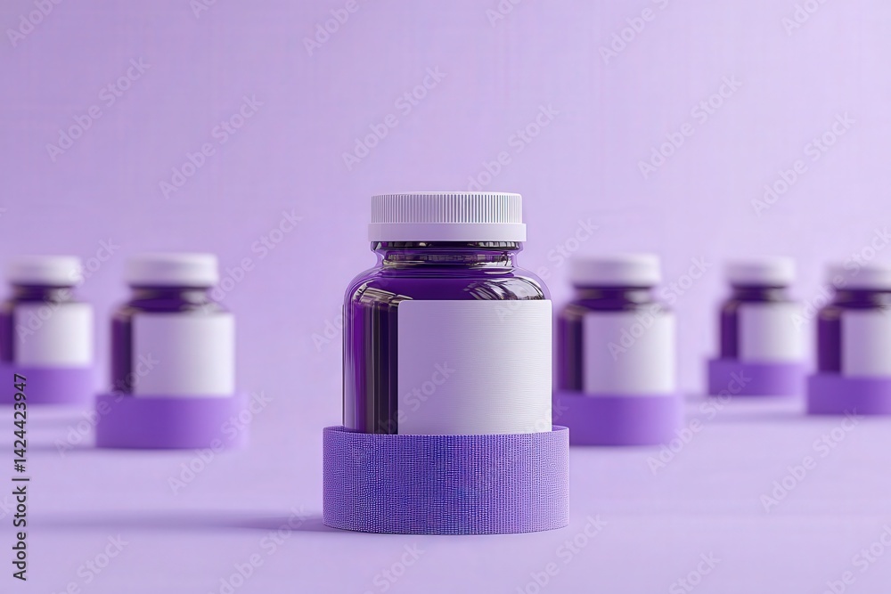 Purple supplement bottles arranged in a studio setting. Purple supplement bottles arranged in a studio setting.