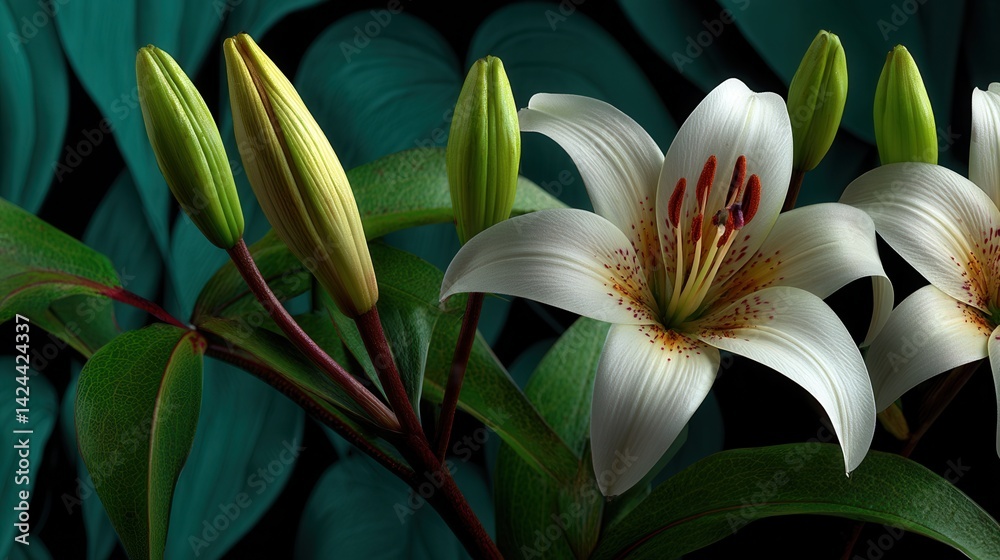 Obraz premium Peaceful white lilies blooming against dark background