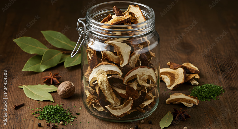 custom made wallpaper toronto digitalDried Porcini Mushrooms Stored In Glass Jar On Wooden Kitchen Table
