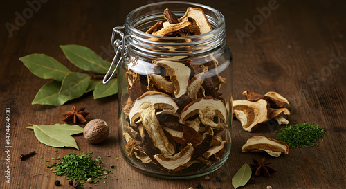 Wallpaper Mural Dried Porcini Mushrooms Stored In Glass Jar On Wooden Kitchen Table Torontodigital.ca