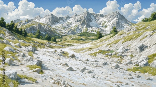 Mountain Valley Landscape; Rocky Stream Bed; Scenic View; Sunny Day
