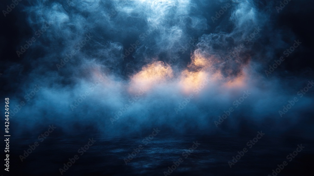 Ethereal blue fog with golden highlights, creating a mysterious Ethereal blue fog with golden highlights, creating a mysterious
