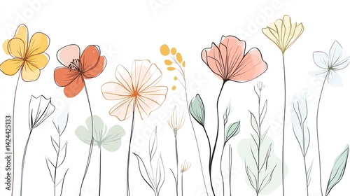 Watercolor line art flowers blooming on white background for design element