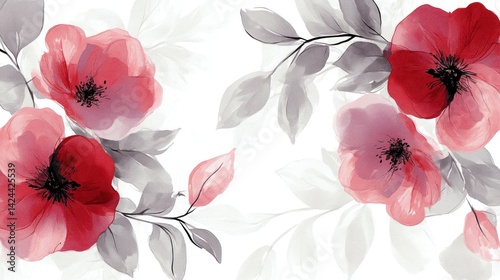 Floral pattern, red and gray roses, watercolor style, wallpaper design