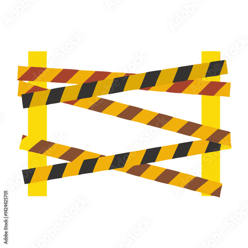 Cartoon striped barrier, warning sign, danger tape, and fence