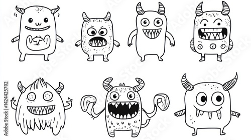 Cute monster characters, various expressions, white background, kids' book illustration