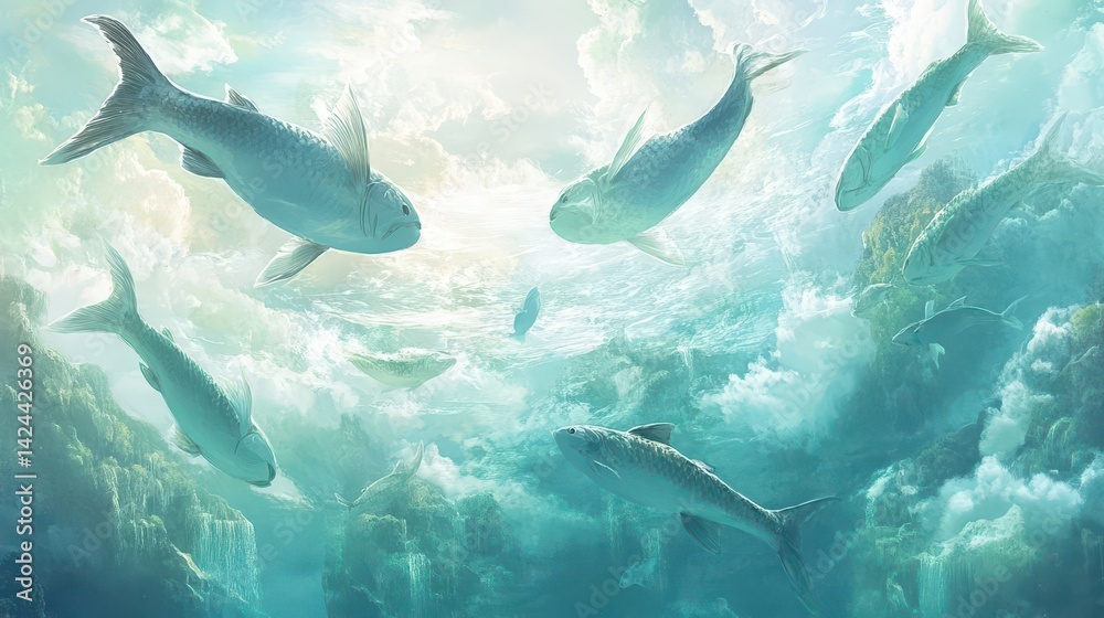 Fototapeta premium A surreal underwater scene of luminous fish in a vibrant turquoise realm.