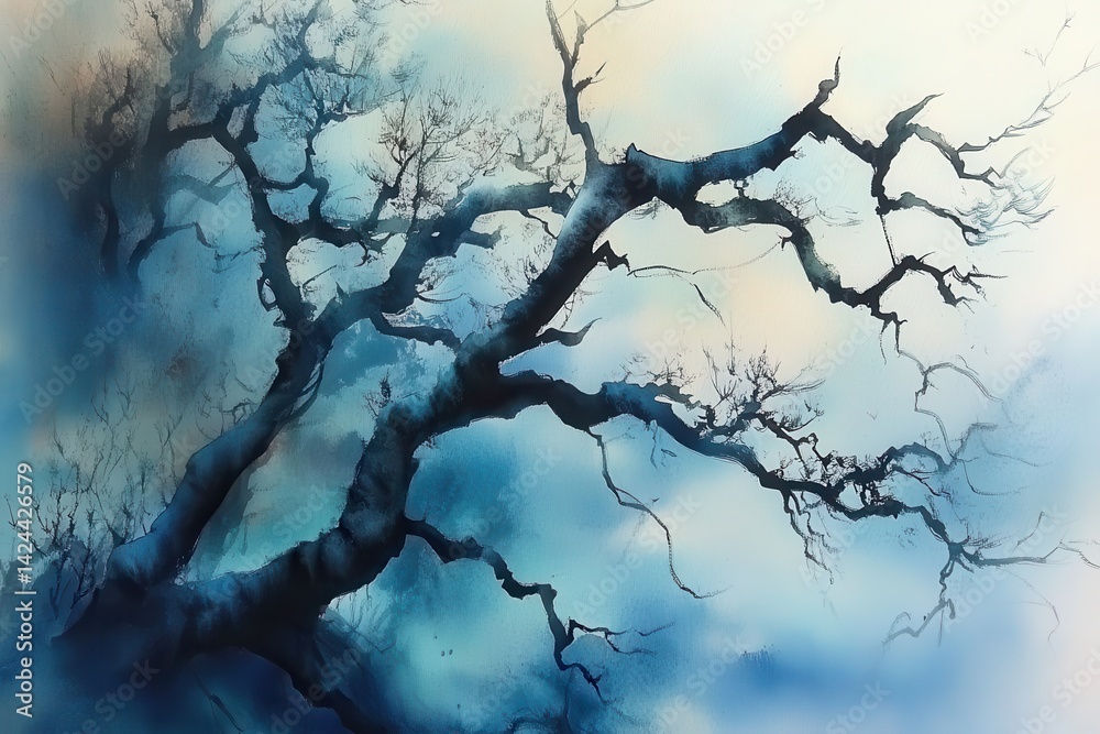 Winter tree branches against a soft, misty sky. Dark branches reach against a pale blue sky. Abstract, artistic