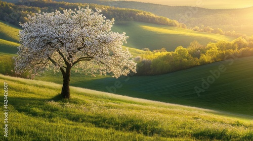 Blooming tree on a hillside at sunrise.  Possible use Nature photography