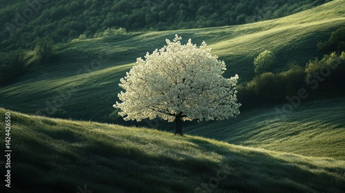 Blossoming tree on a grassy hill at dawn (1)