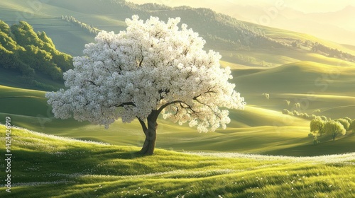 Blossoming tree on a grassy hillside at dawn. Use Stock photo for nature, spring, serenity