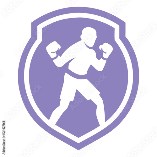 Powerful Boxer Silhouette in Purple Shield Logo Design Simple Bold Clean Graphic