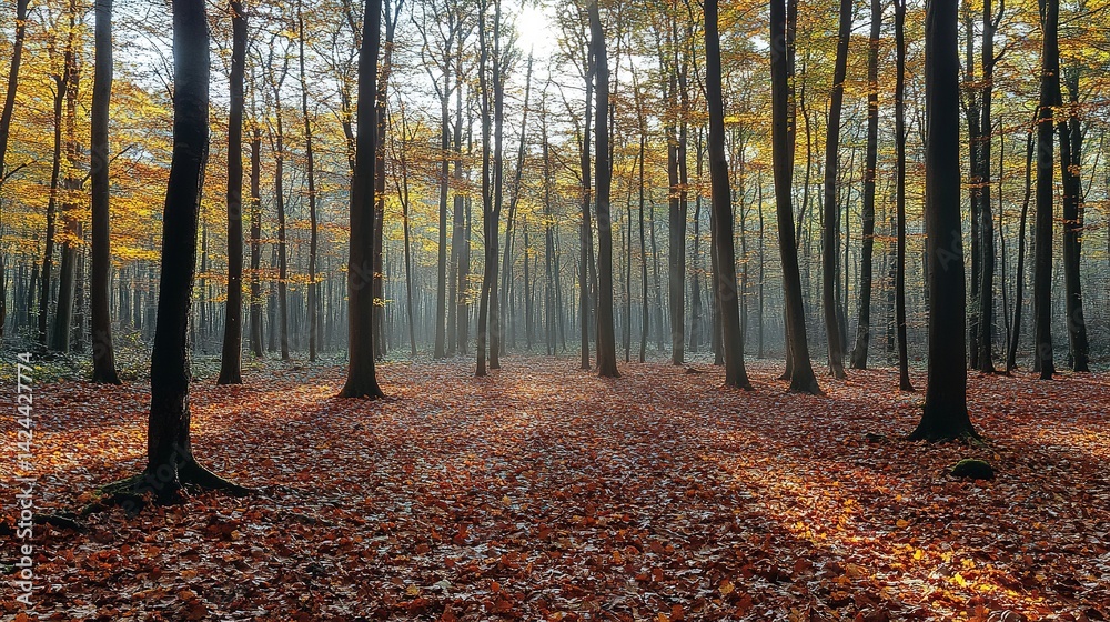 Fototapeta premium Autumnal forest scene with sunlight filtering through trees