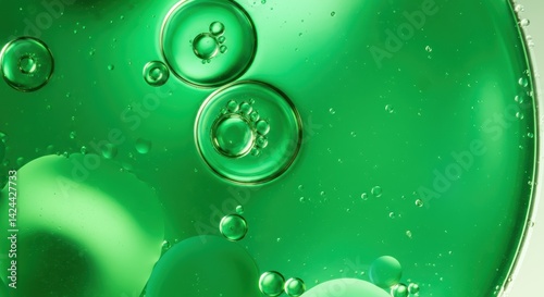 Close-up of green oil drops in liquid with bubbles